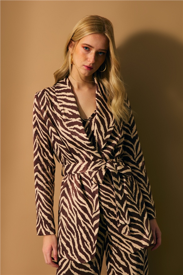 Zebra print belted jacket - BROWN