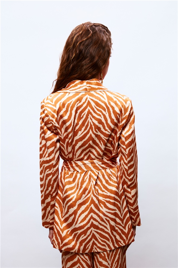 Zebra Patterned Belted Satin Jacket - CAMEL