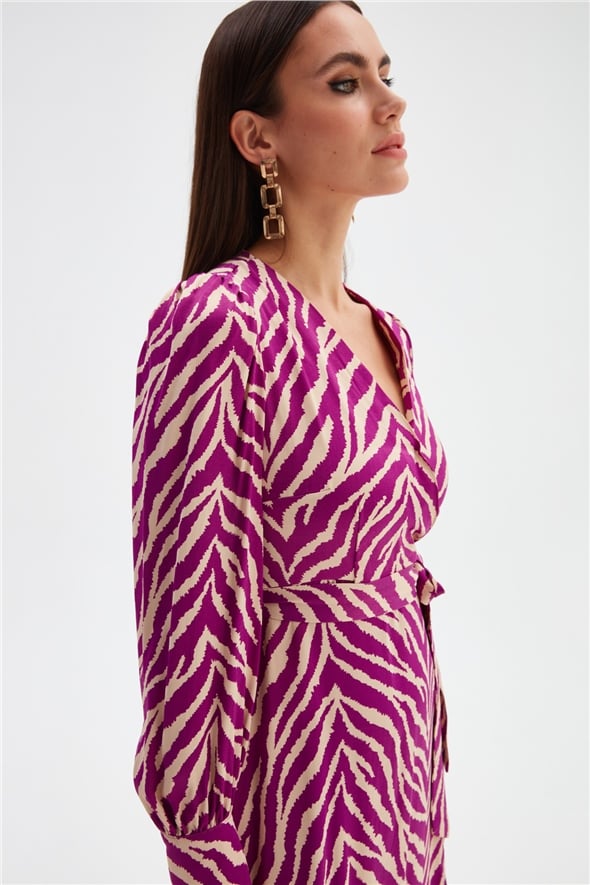Zebra Desenli Kuşaklı Saten Elbise - FUŞYA