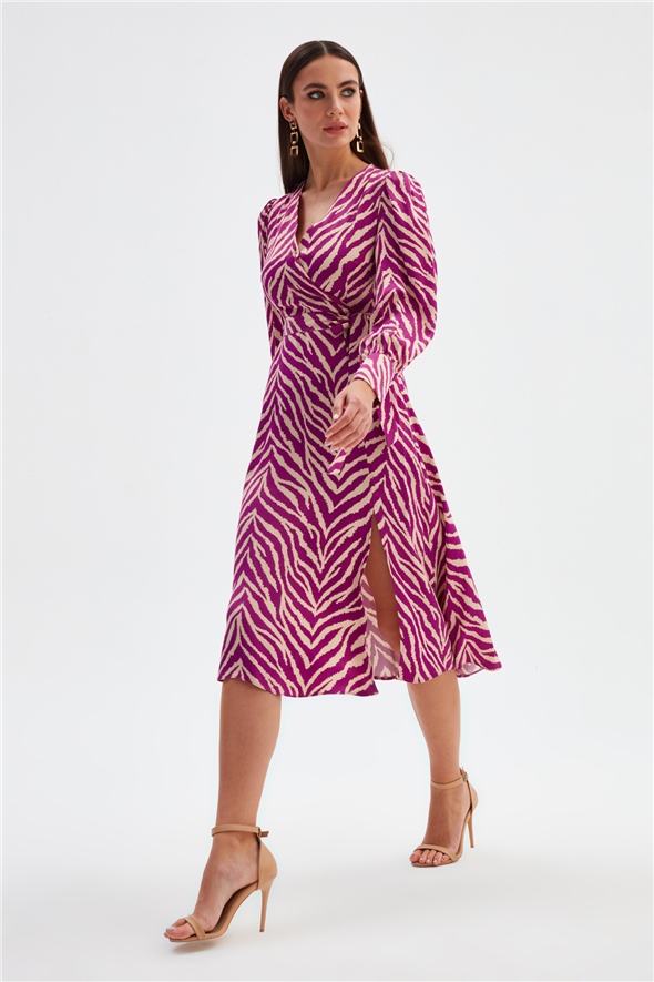 Zebra Desenli Kuşaklı Saten Elbise - FUŞYA