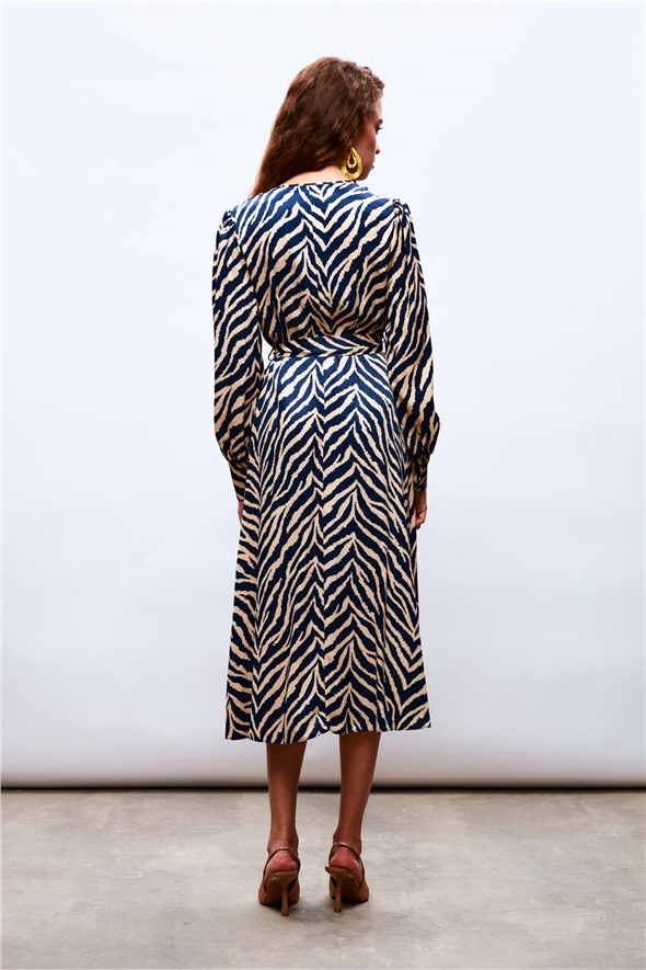 Zebra Patterned Belted Satin Dress - BLUE