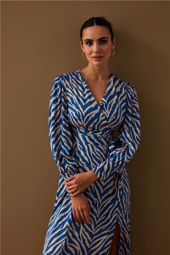 Zebra Desenli Kuşaklı Saten Elbise - MAVİ