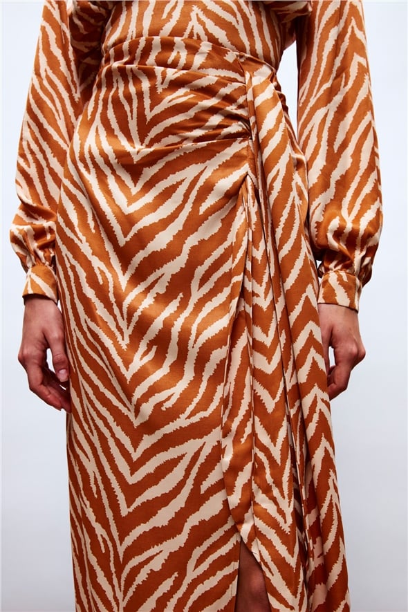 Zebra Patterned Satin Pareo Skirt - CAMEL