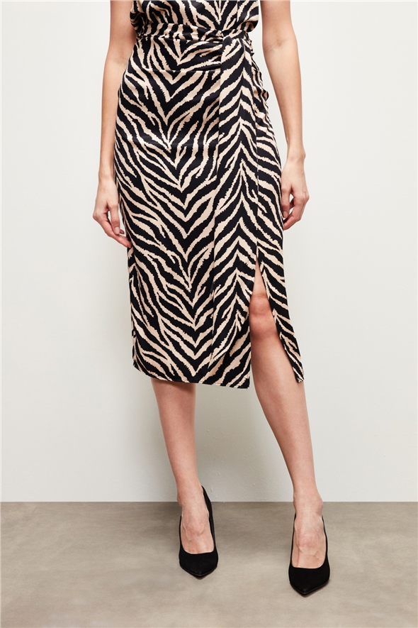 Zebra Patterned Satin Pareo Skirt - BLACK