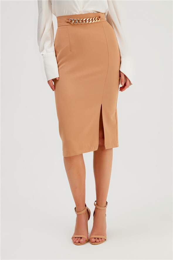 Chain Detailed Pencil Skirt - CAMEL