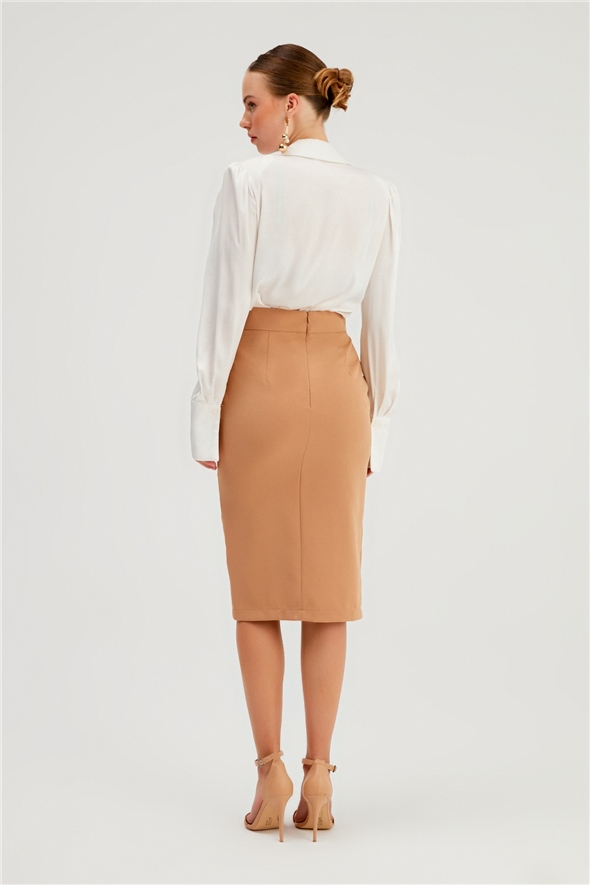 Chain Detailed Pencil Skirt - CAMEL