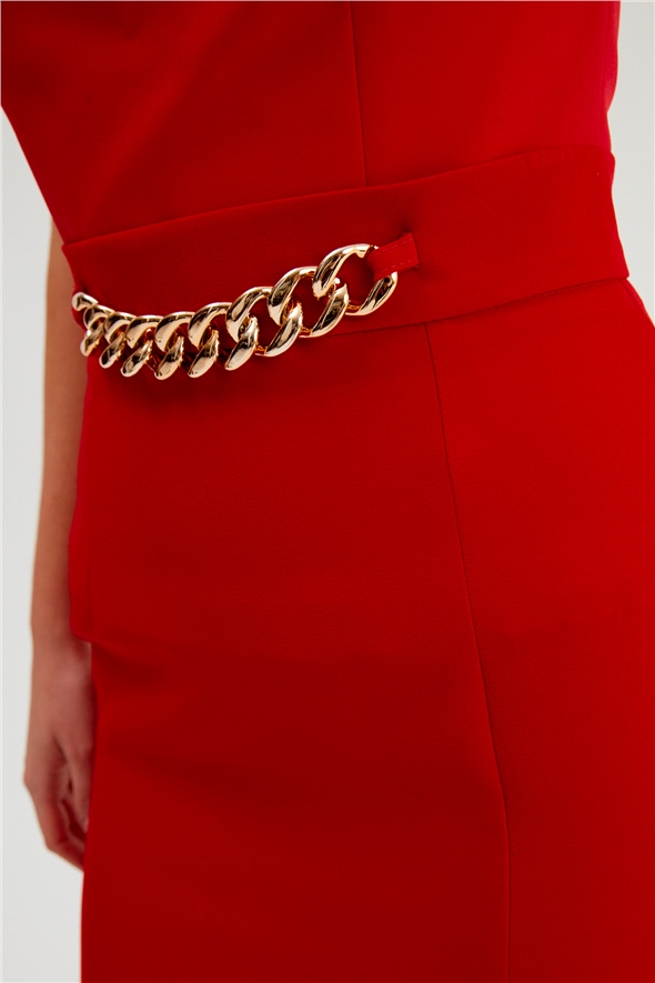 Chain Detailed Pencil Skirt - RED