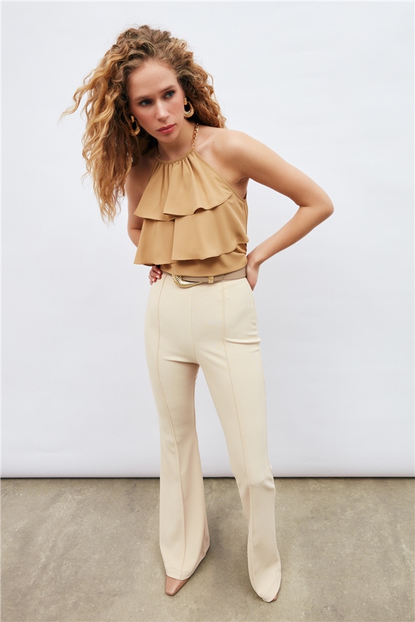 Chain detailed ruffled blouse - CAMEL