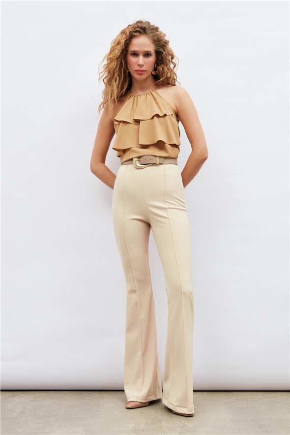 Chain detailed ruffled blouse - CAMEL