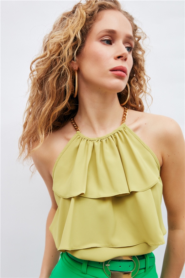 Chain detailed ruffled blouse - OLIVE