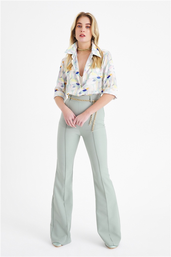 Chain belt flared trousers - GREEN ALMOND