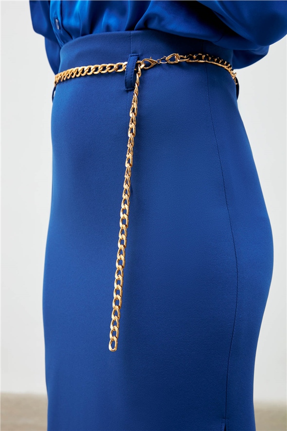 Chain Belt Pencil Skirt - INDIGO