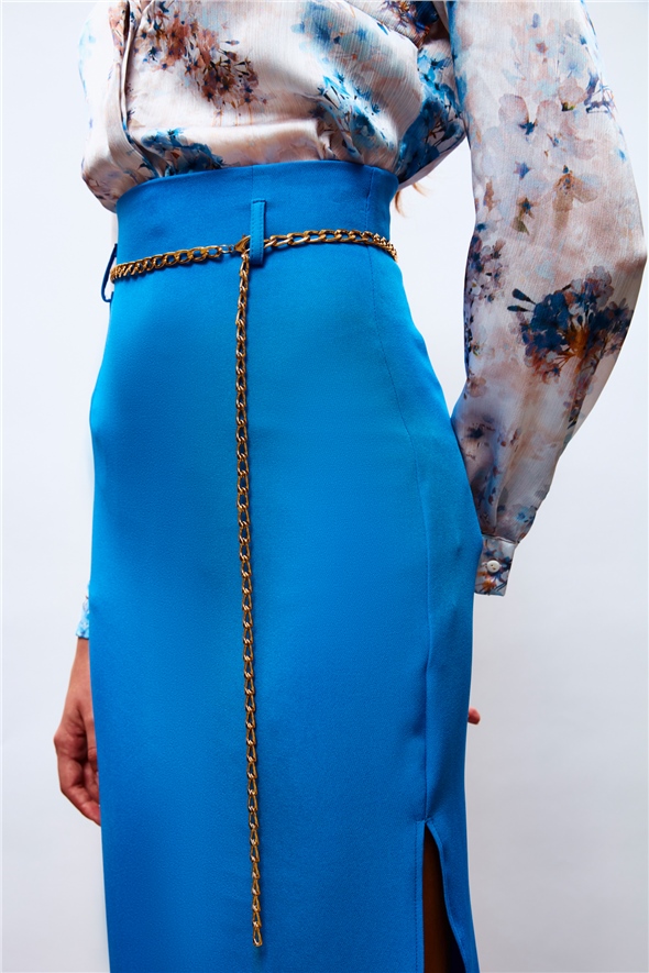 Chain Belt Pencil Skirt - BLUES